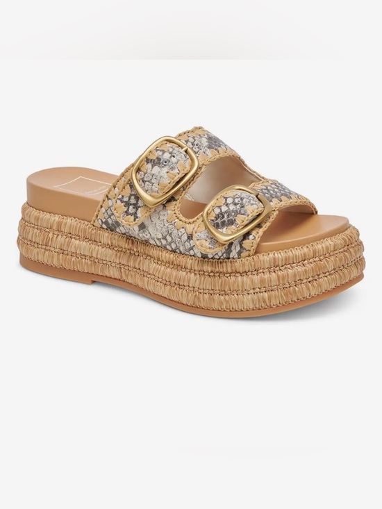 Dolce Vita Shoes - Dolce Vita Tan Snake-Print Raffia Platform Slide Sandals Size 9.5